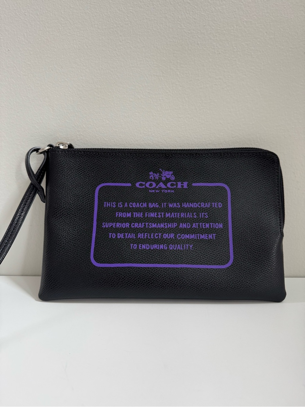 Coach Storypatch Creed Black & Purple Pebbled Leather Wristlet Clutch - Picture 2 of 7